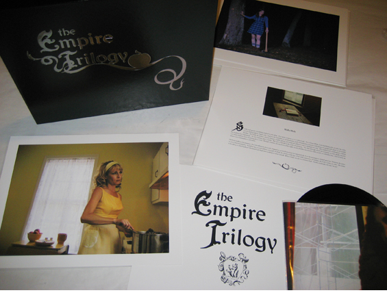 Image of limited edition book/ print portfolio from "The Empire Trilogy" with 10" vinyl master record of soundtracks and leather box by Heather Bennett.