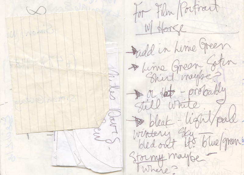 Background image for the production credits page for "The Uncovered Works of Hanna Berman" showing notes taken while working on the pieces.